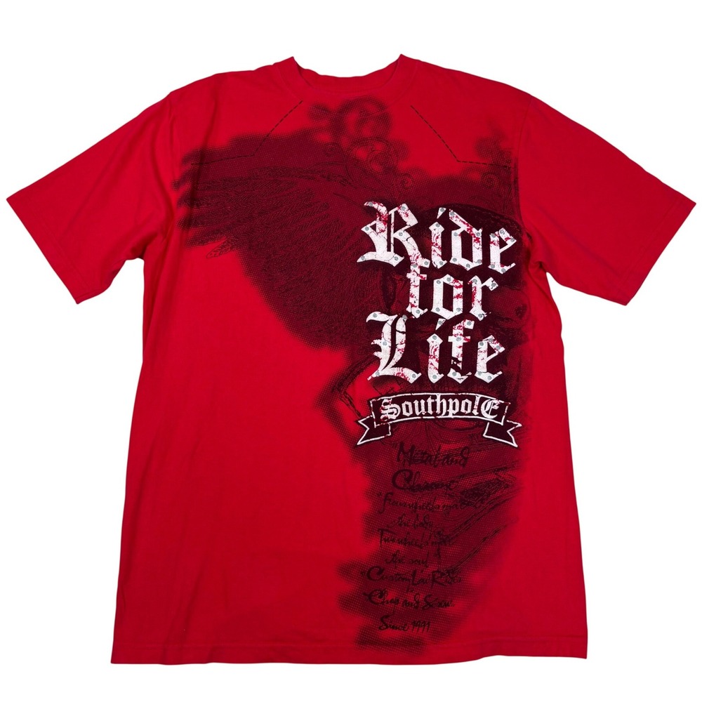 Southpole Mens Ride for Life Graphic T-Shirt Red Cotton Glitter Large RN 82828